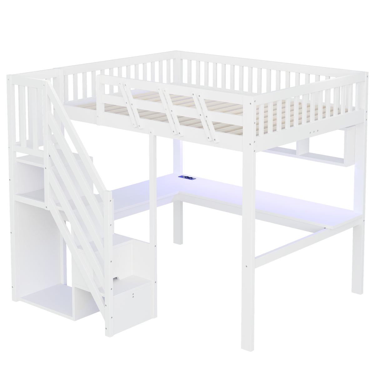 Solid Wood Bed 140x200 with Desk, Storage & LED - White