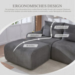 Modular 2-Seater Sofa with Ottomans, Cup Holder and Side Pocket, Dark Grey Corduroy
