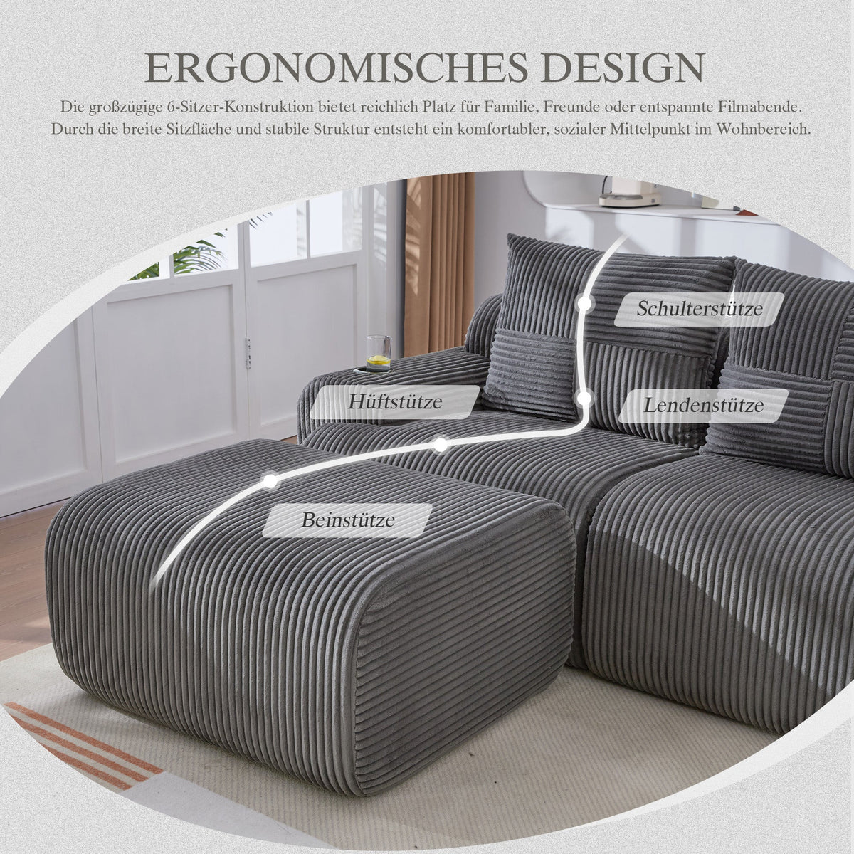 Modular 2-Seater Sofa with Ottomans, Cup Holder and Side Pocket, Dark Grey Corduroy