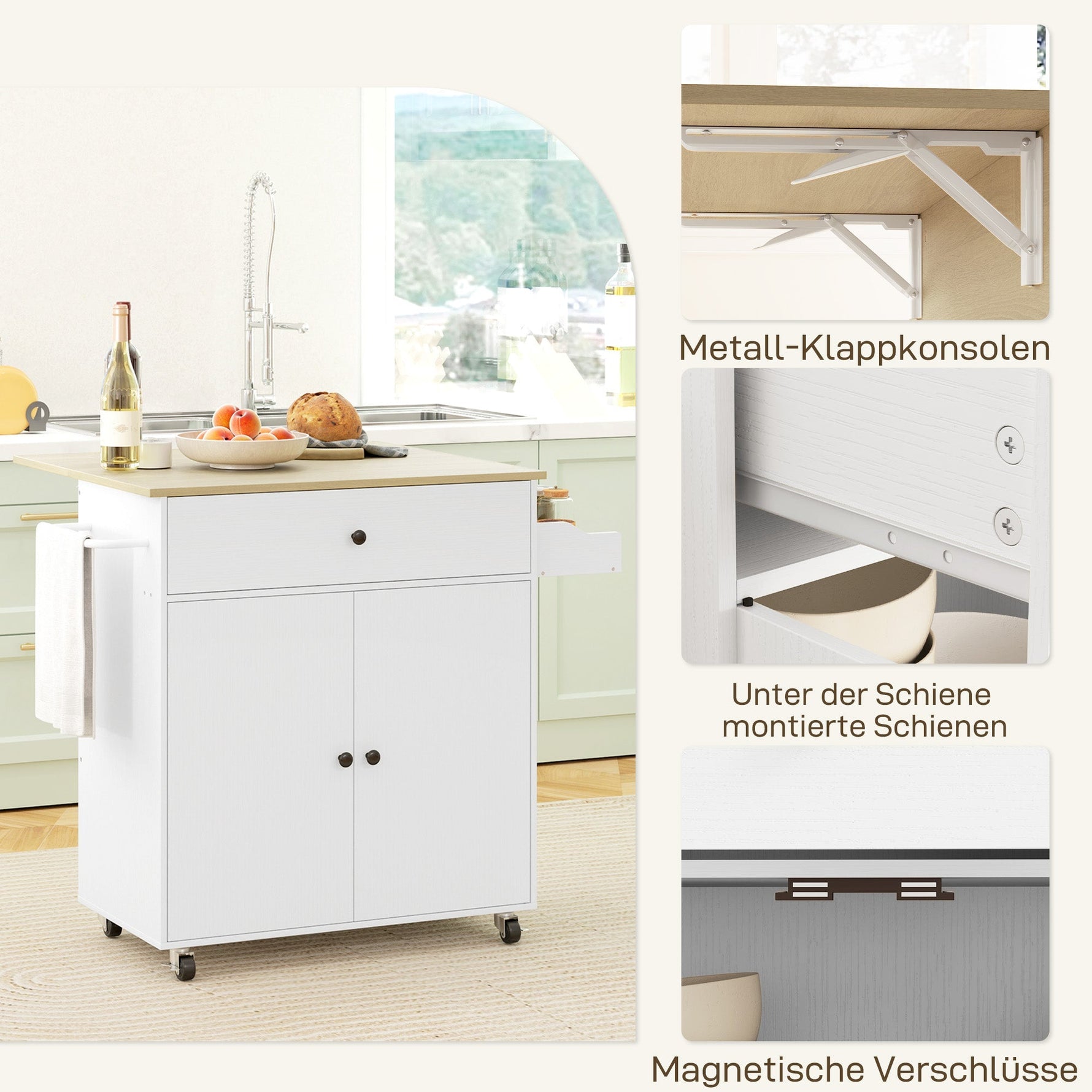Kitchen Island, Folding Worktop & Storage, White