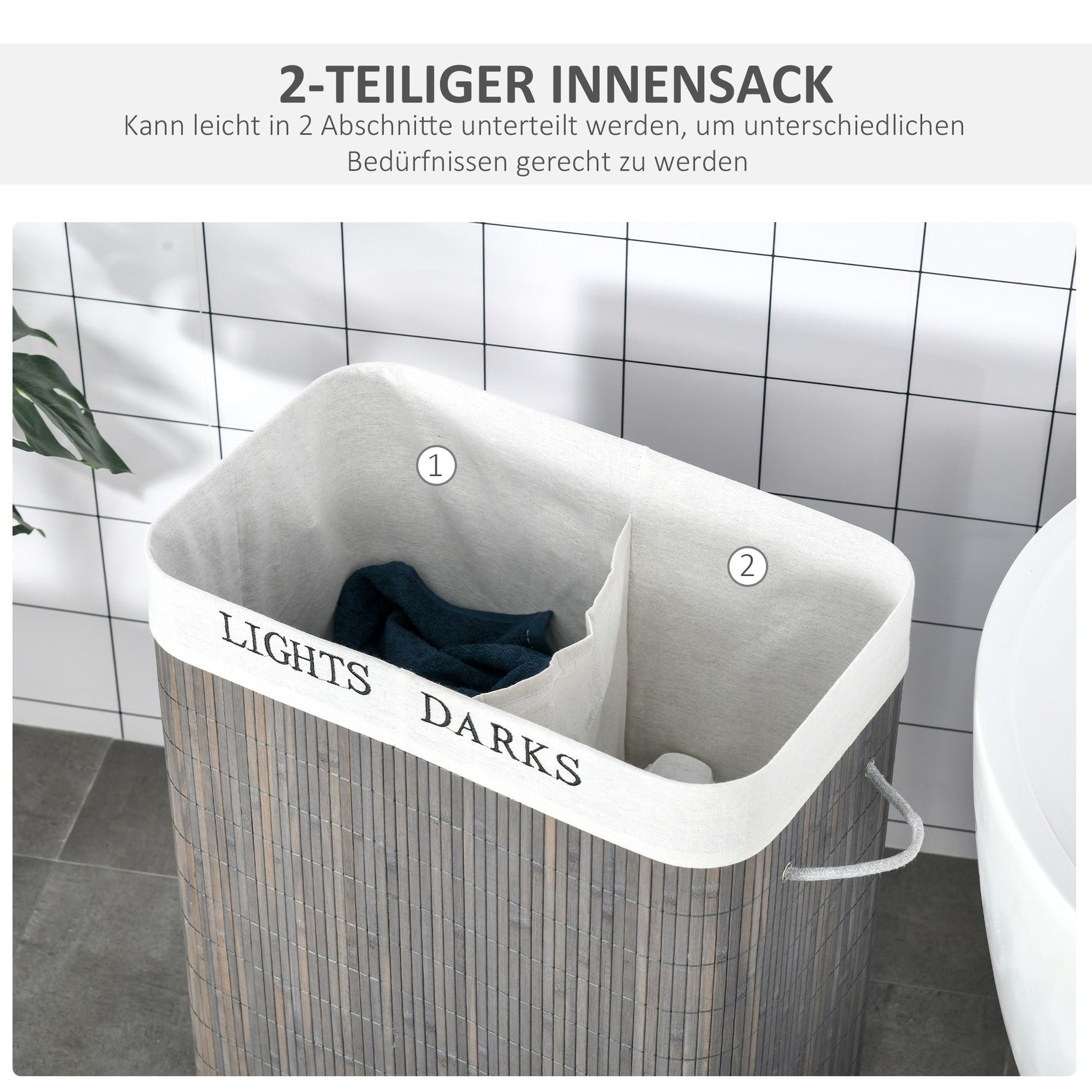 Laundry Basket 100L 2 Compartments Foldable Bamboo, Grey