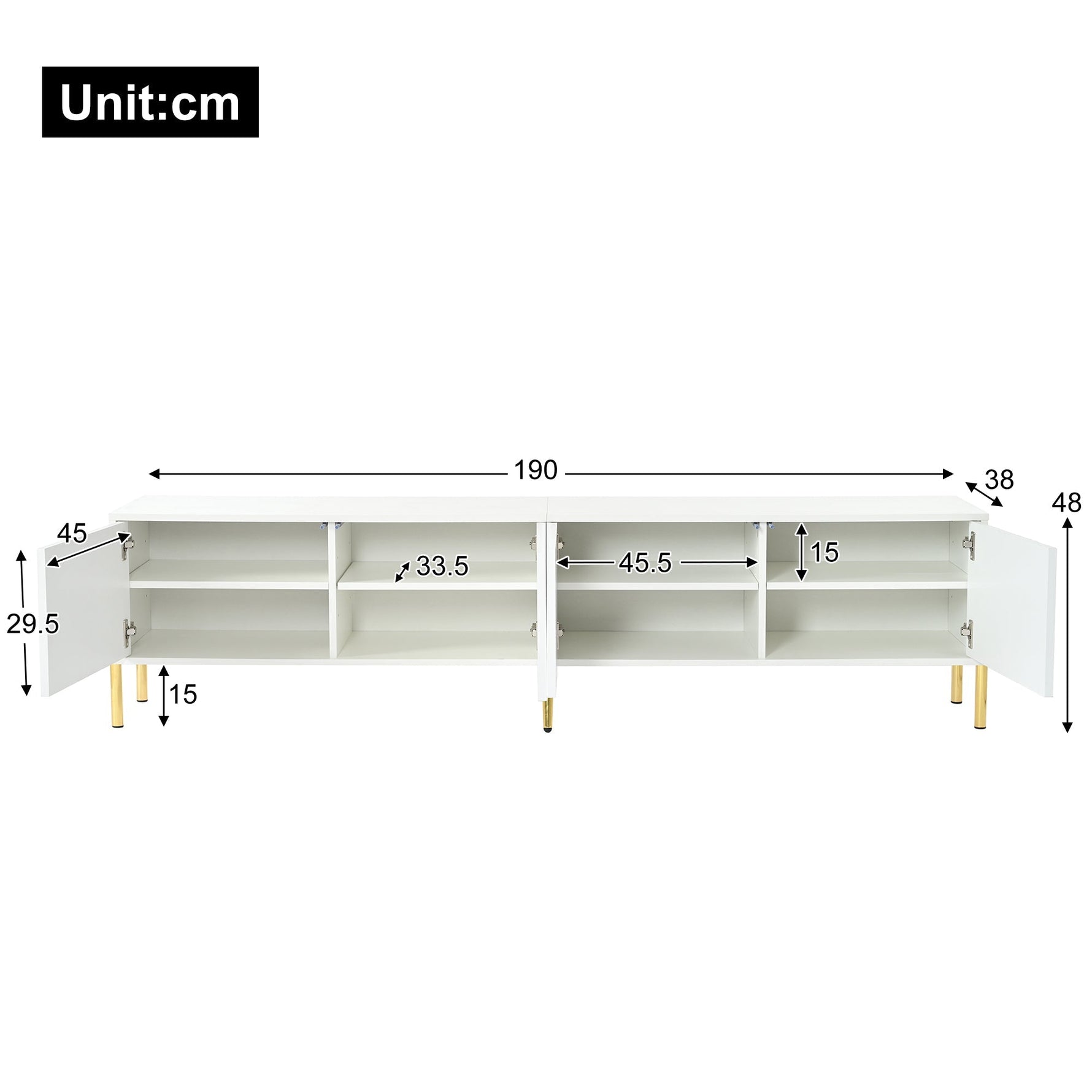TV Cabinet 190cm Grooved Door Gold Legs - White