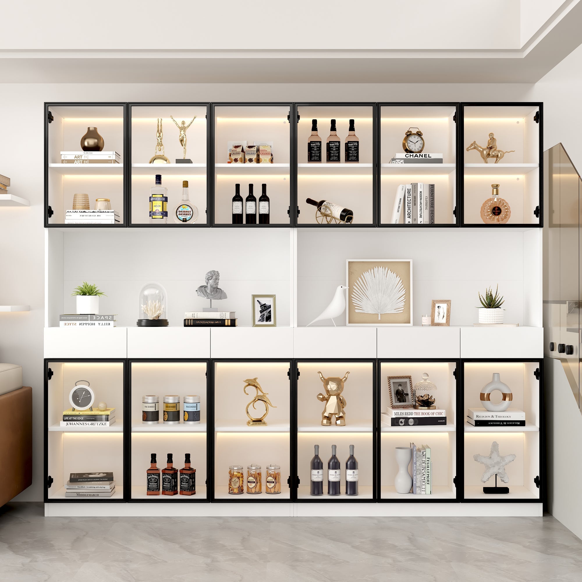 White Display Cabinet with LED Lights and Glass Doors, 200cm High, White and Black Frame