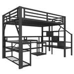 Loft Bed with Desk, LED Light Strip and Storage Staircase, 140 x 200 cm, Black Iron Frame