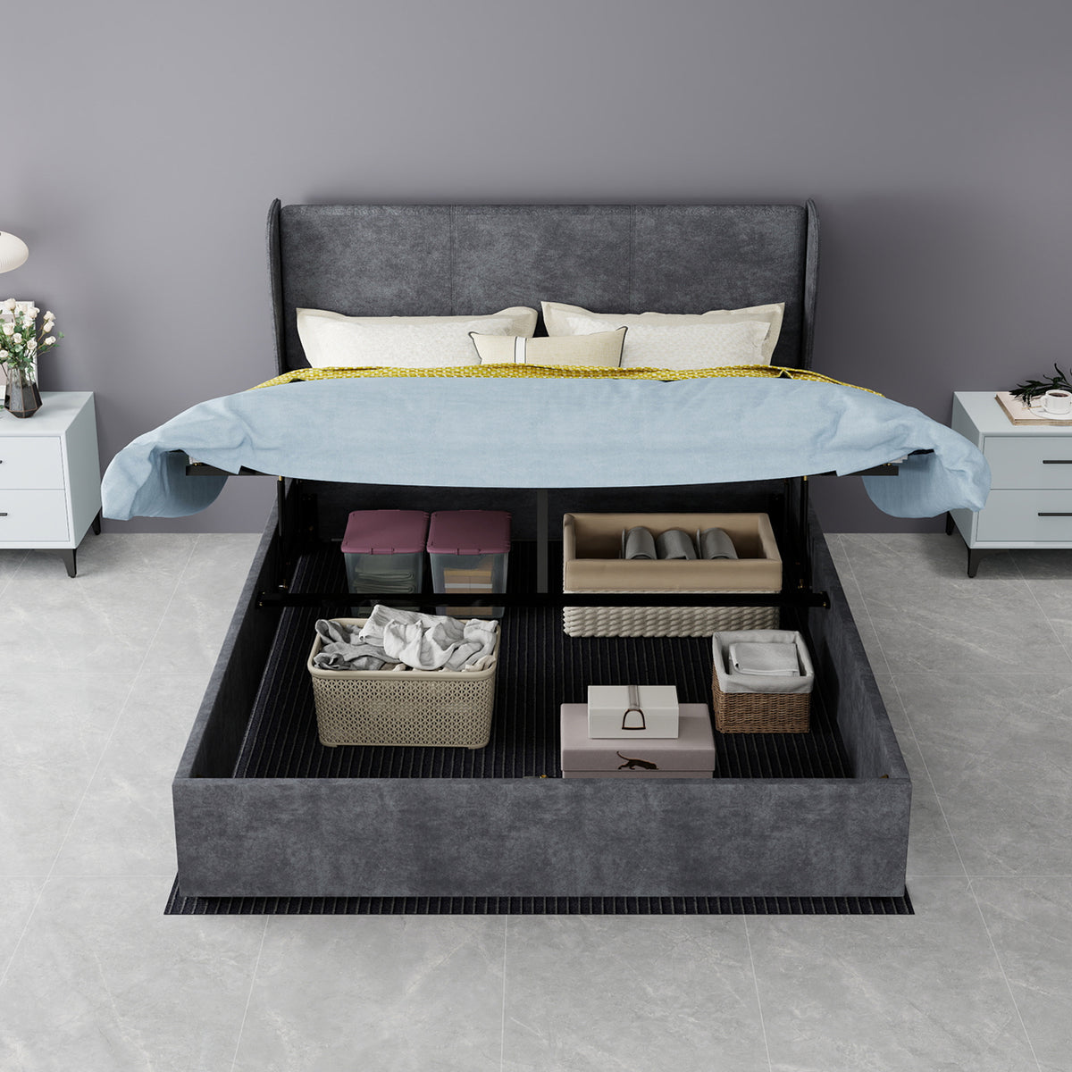 Modern Upholstered Bed 140x200 cm Gas Lift Storage, Grey