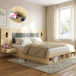 Double Bed with Storage, Charging Station, Reading Lamp and 2 Bedside Tables, 180x200cm, Light Oak Wood