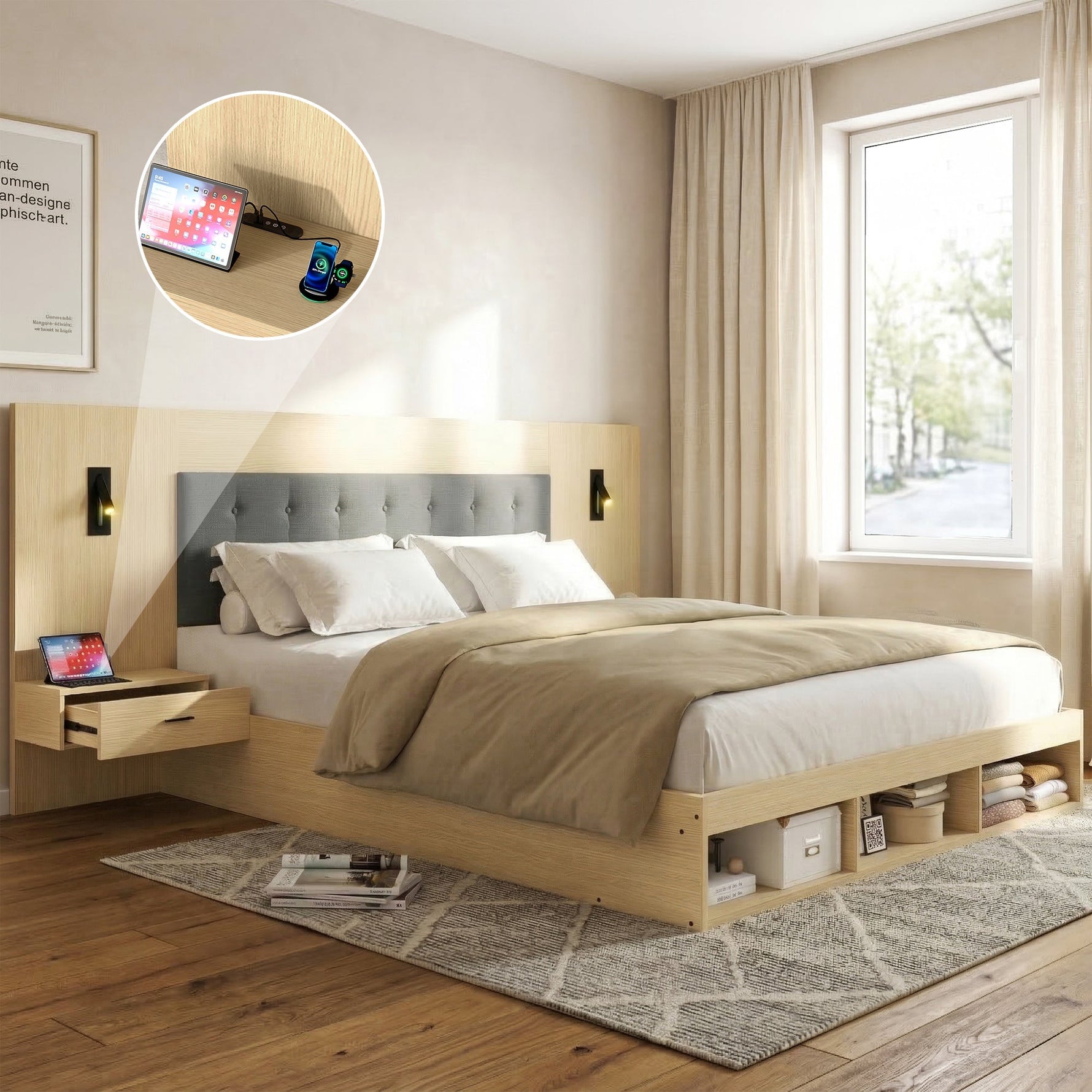 Double Bed with Storage, Charging Station, Reading Lamp and 2 Bedside Tables, 180x200cm, Light Oak Wood