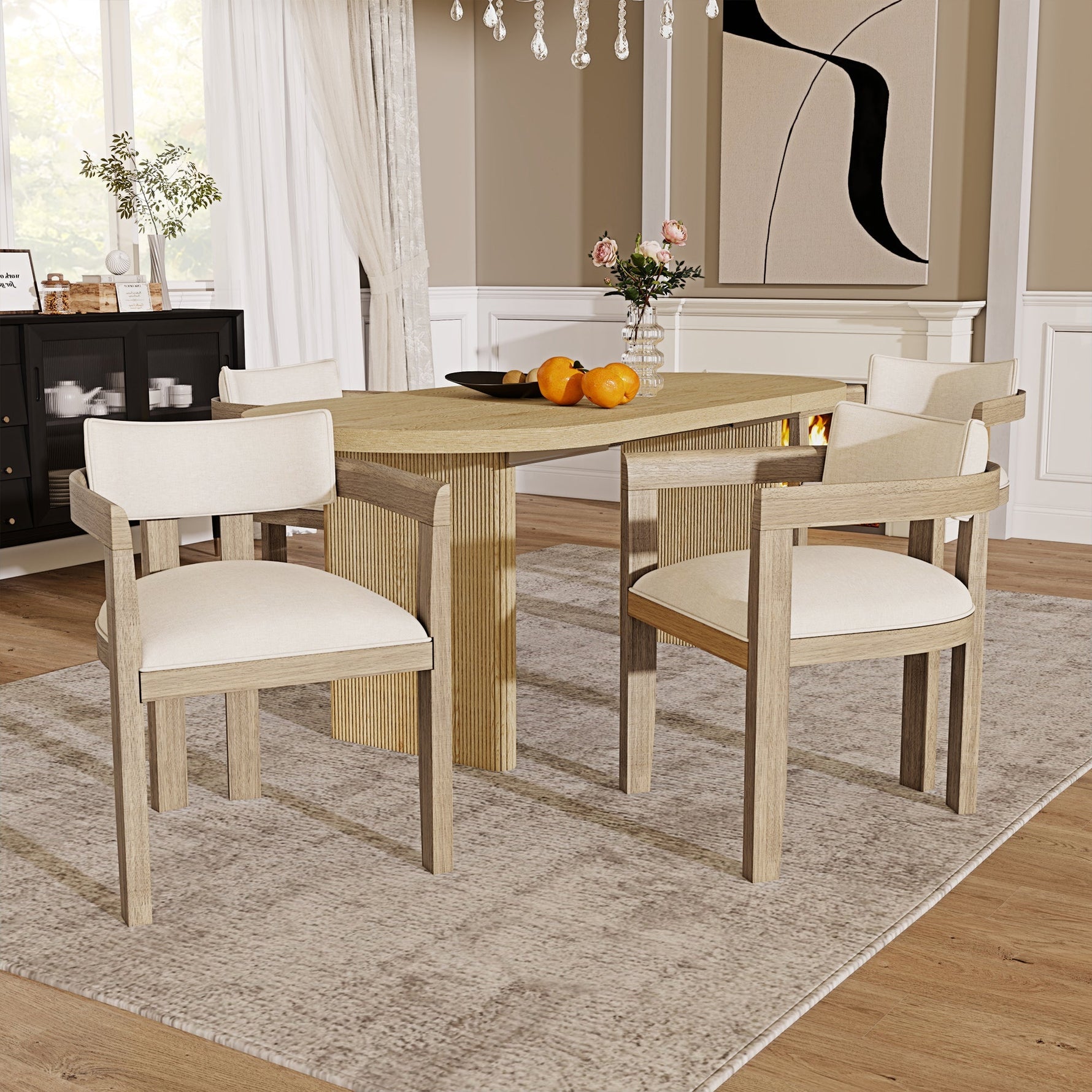 2 Solid Wood Dining Chairs Comfortable Modern Style Linen Fabric Natural Color