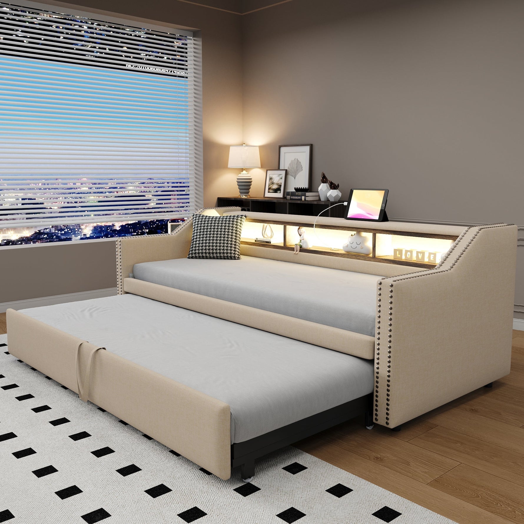 Upholstered Extendable Sofa Bed 90/180x190cm Storage LED USB - Beige