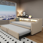 Upholstered Bed Extendable Sofa Bed 90/180 x 190 cm, Storage, LED, USB, Slatted Frame, Beige