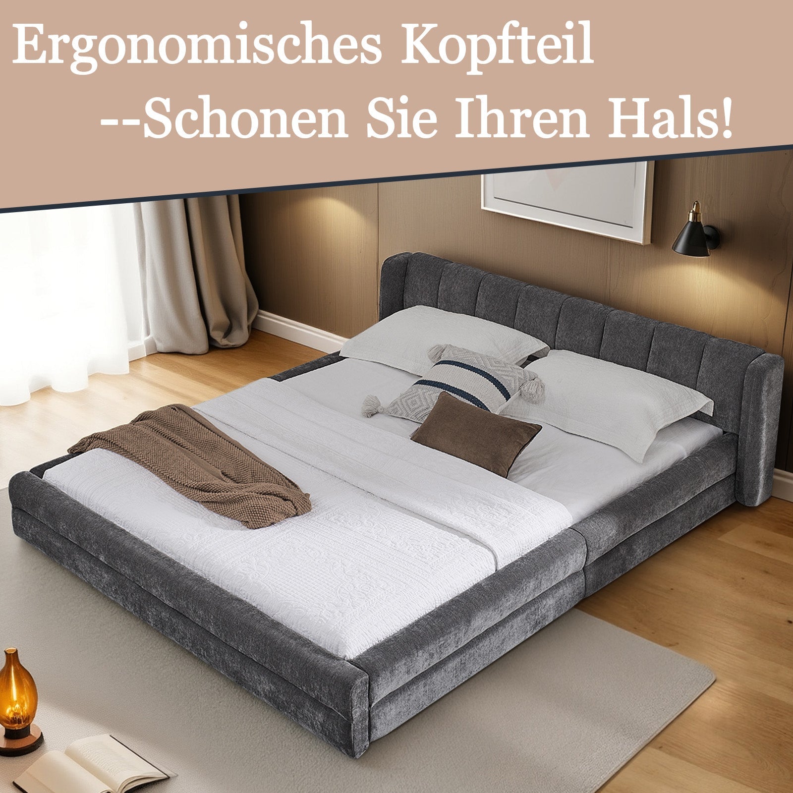 Double Bed 140x200cm Comfortable Backrest Chenille - Dark Grey