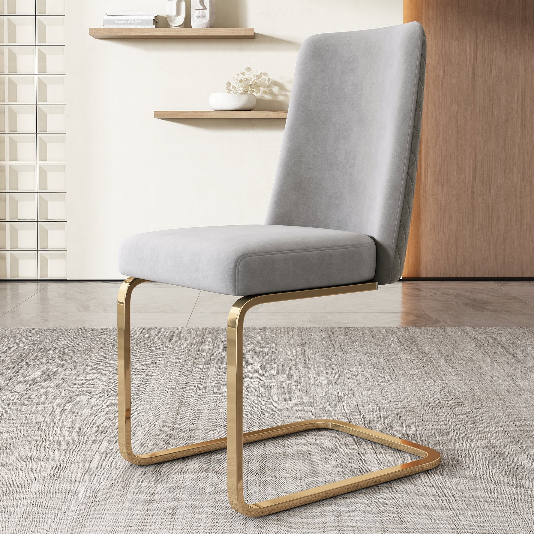 Velvet Dining Chair Set of 2 Diamond Back Gold Metal Legs - Grey