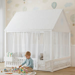 Children's Single Bed with Roof, Window, Curtains and Storage, 140x200cm, White Pine + MDF