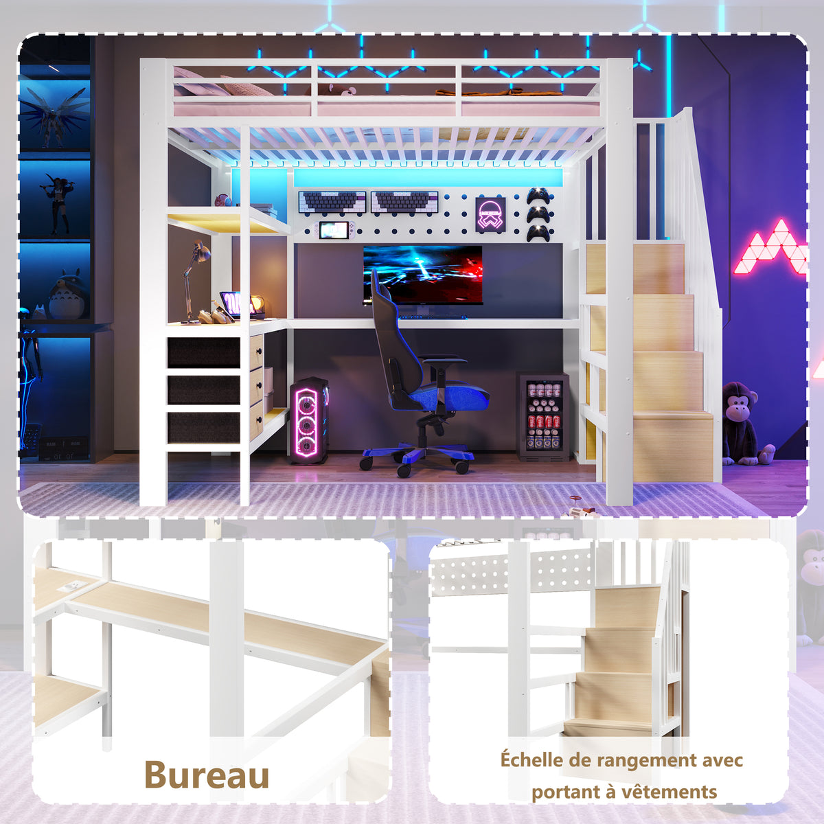 Loft Bed 140x200cm with Desk & Storage, White Metal