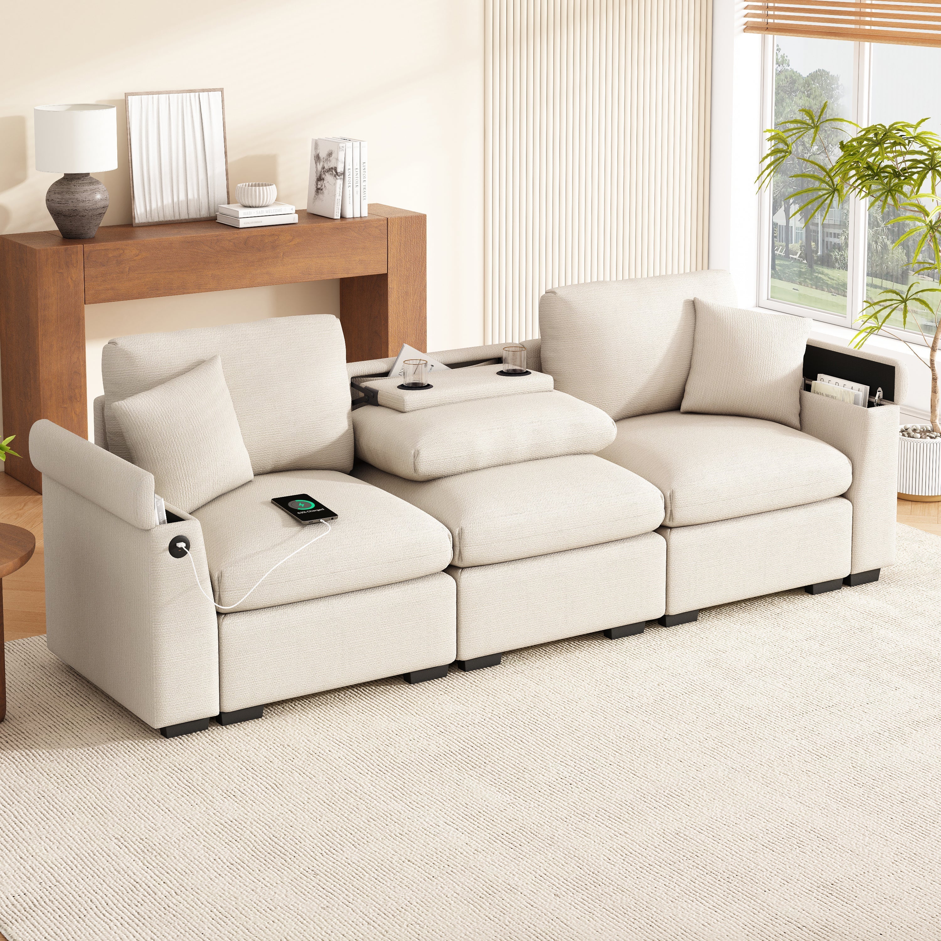 Three-seater Sofa Modern Folding Table USB Port Drink Holder Storage - Chenille