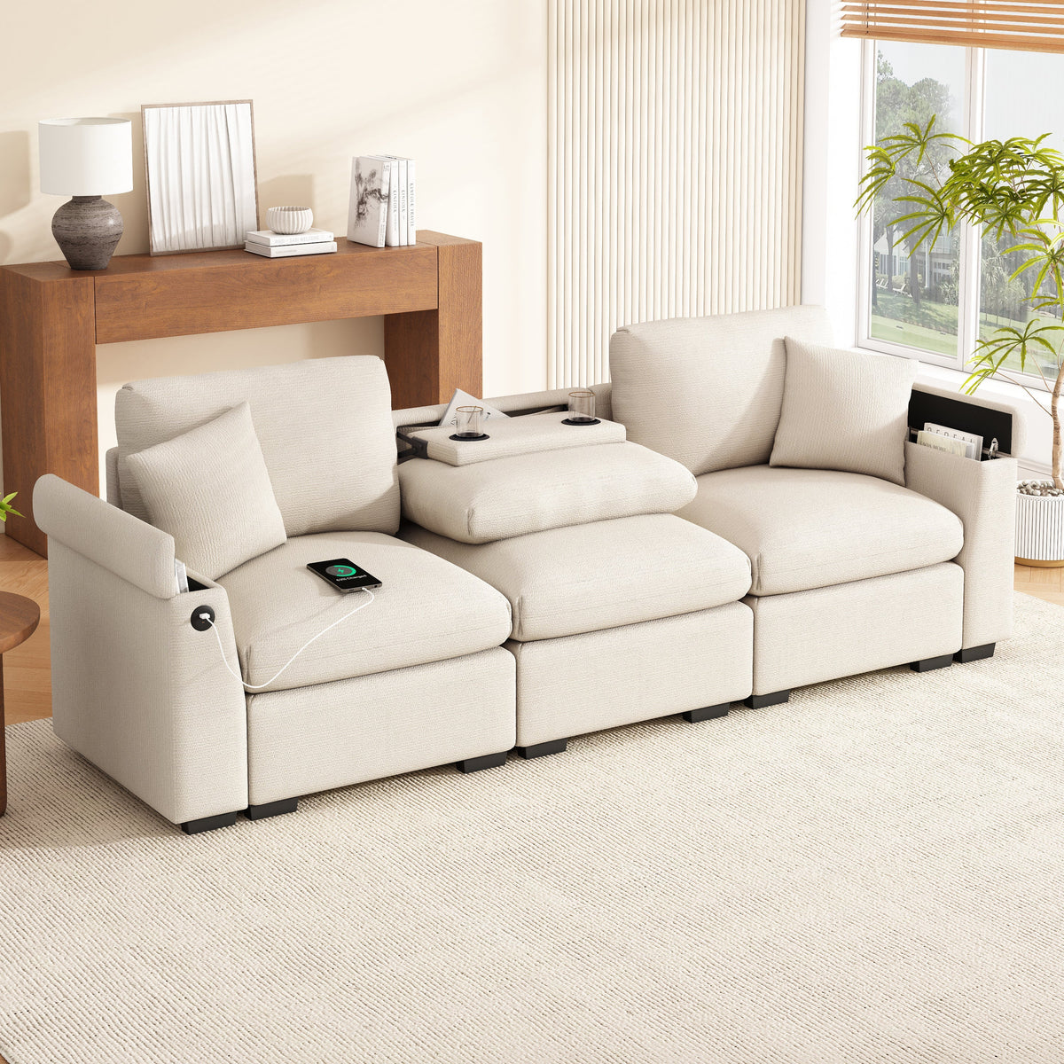 Three-seater Sofa Modern Folding Table USB Port Drink Holder Storage - Chenille