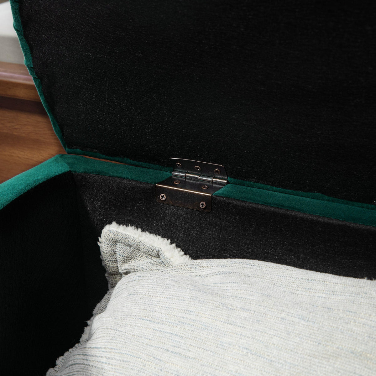 Storage Bench, Open Lid Upholstered, Dark Green Velvet