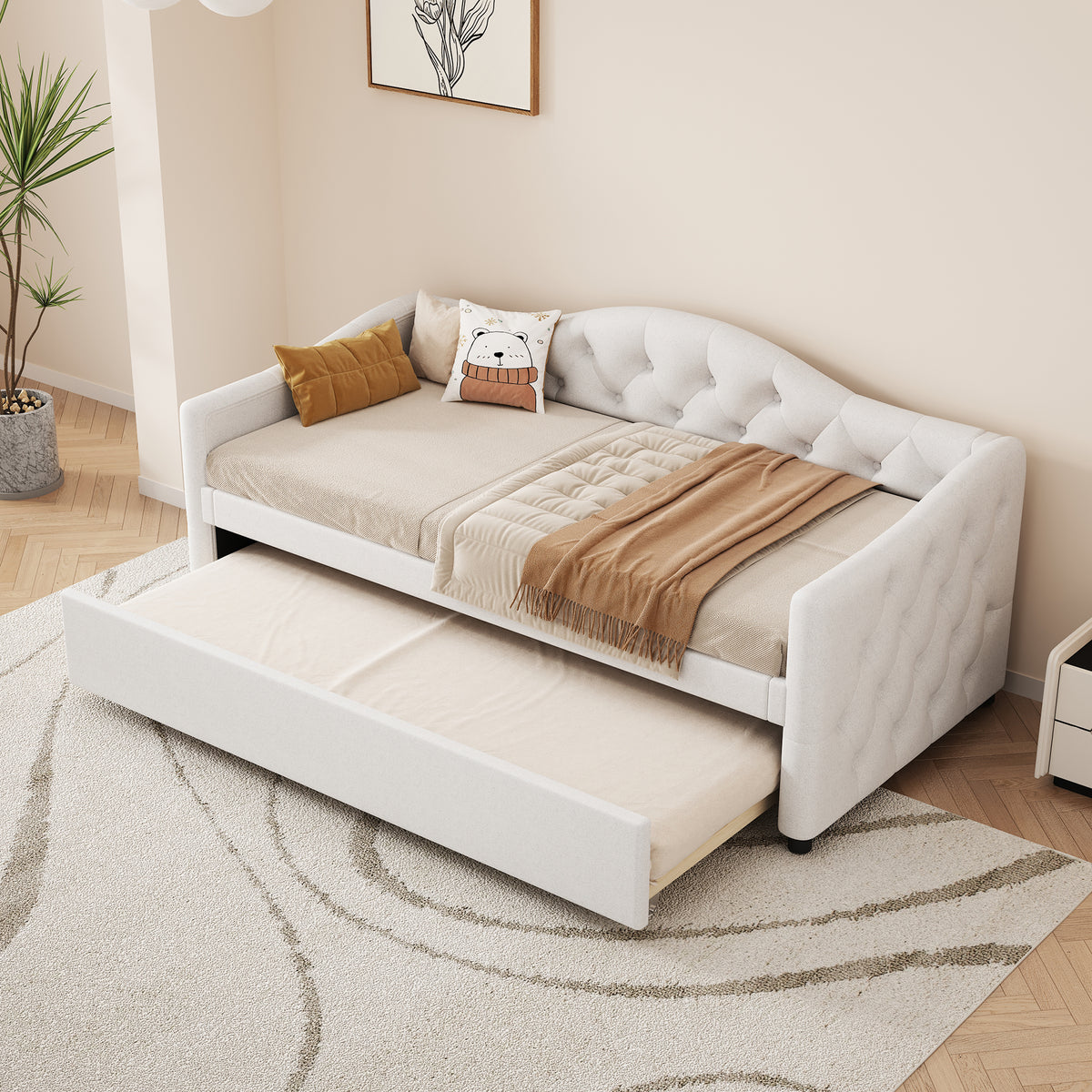 Daybed 90x200cm with Pull-Out Bed, Sofa Bed - Beige Linen