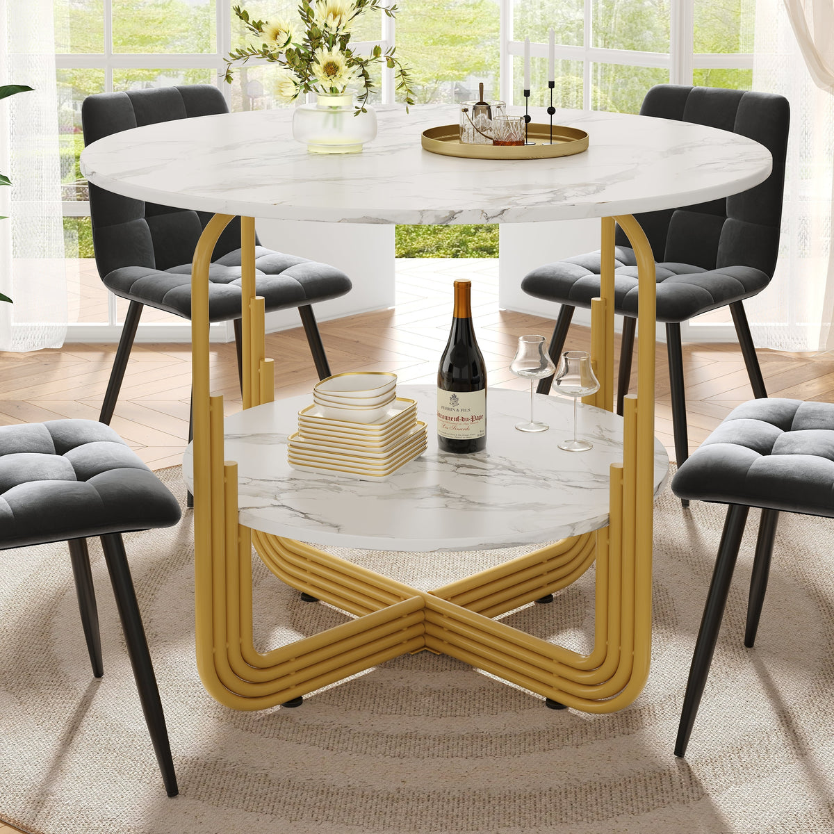Round Dining Table 80x80x76cm 4-Person Storage Shelf MDF Marble Top
