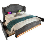 Upholstered Bed 180x200, Double Bed with 4 Drawers, LED and USB-C, Grey Velvet