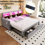 Extendable Upholstered Sofa Bed with LED Headboard, Storage and Charging Ports, Light Grey Velvet