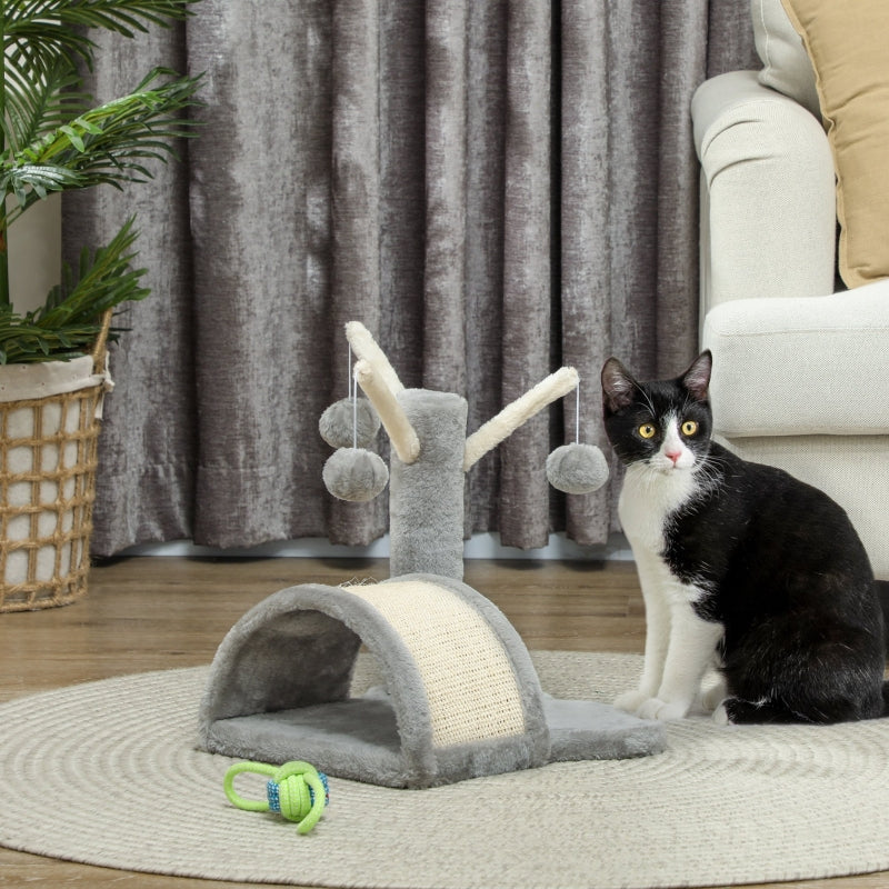 Cat Tree, Small Tower with Cave, 2 Play Balls, Scratching Mat, Light Grey