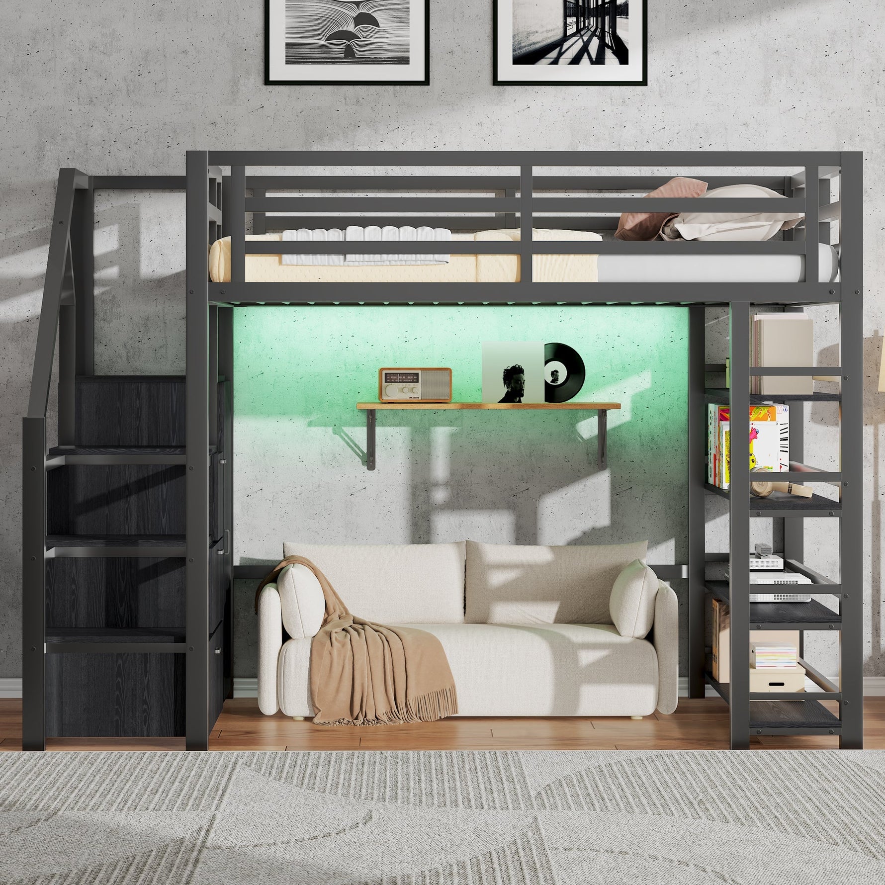 140x200 Metal Loft Bed with Wardrobe, Cabinets and LED Lighting, Black