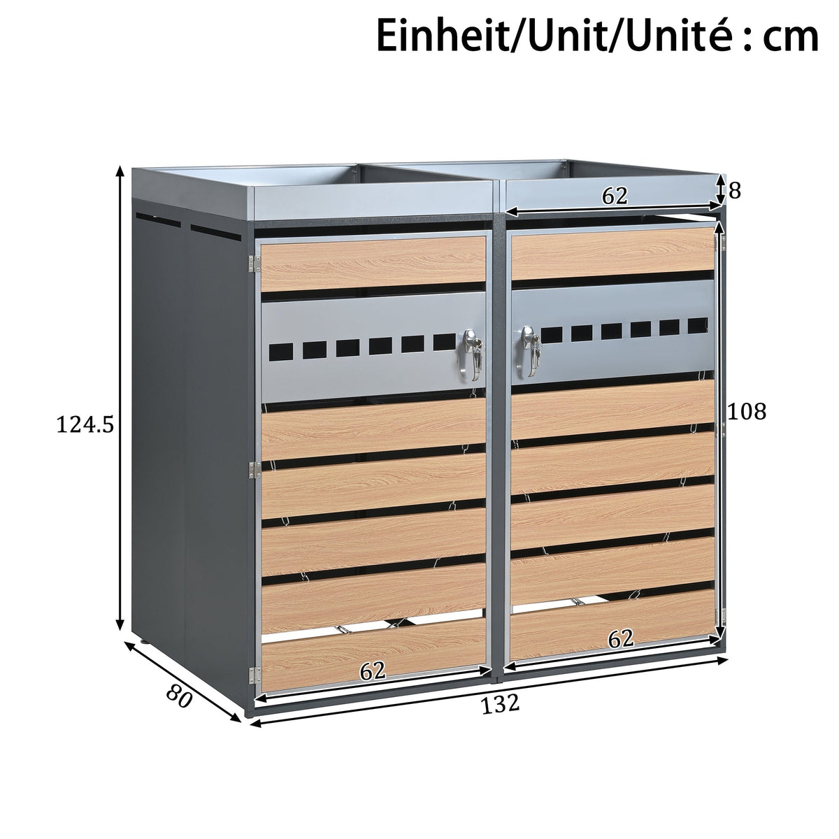 Garbage Can Enclosure with Diamond Ventilation and Four Lockable Doors, Planting Area, Steel