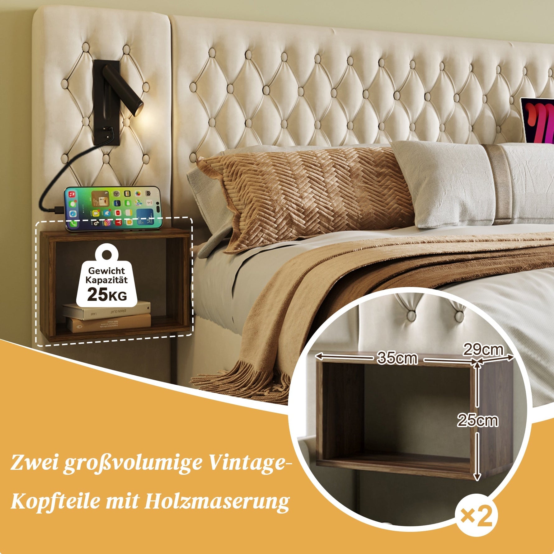 Complete Bedroom Bed Set, Upholstered Hydraulic Storage Double Bed 180x200cm with 2 Nightstands & USB Reading Light, Beige Velvet