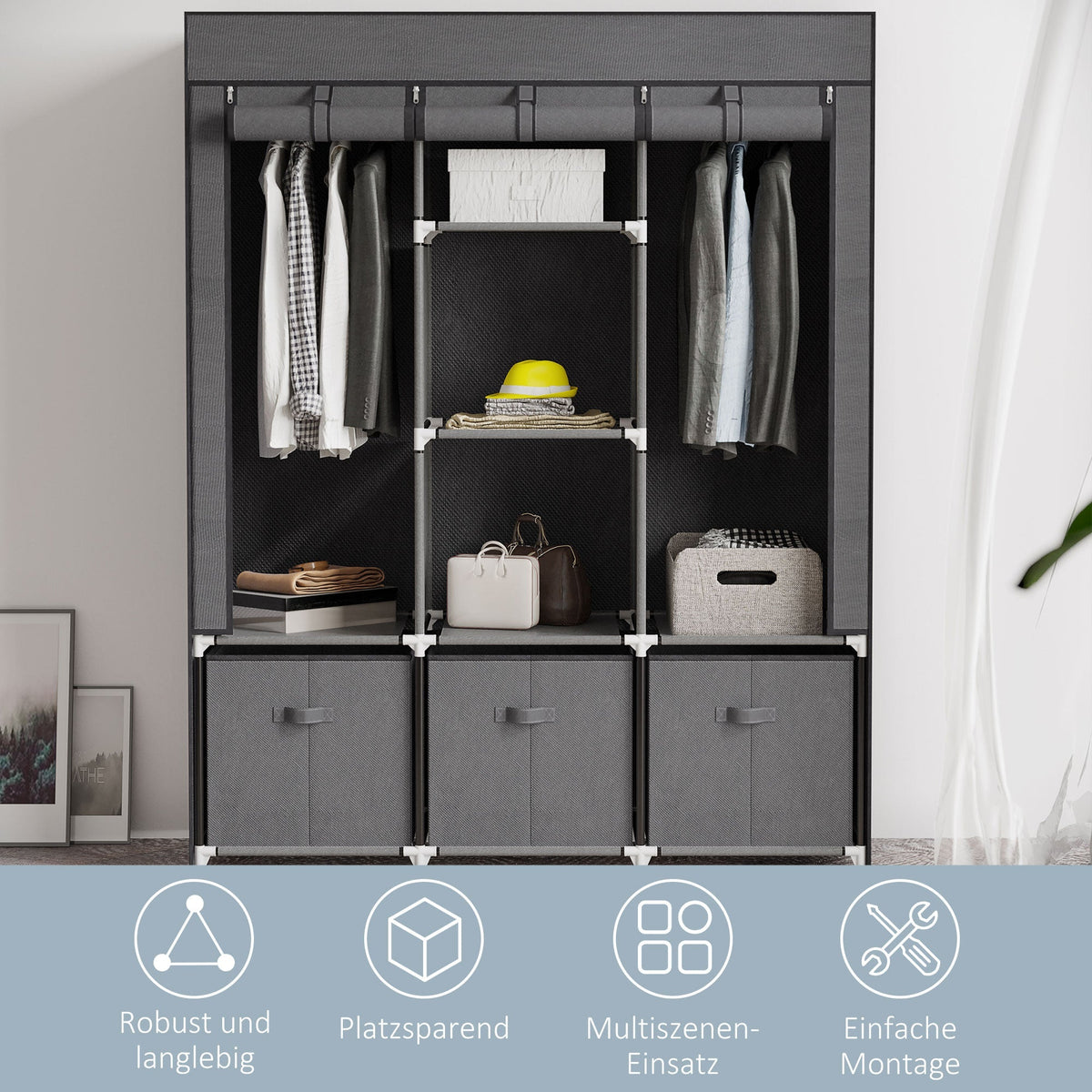Foldable Wardrobe with Zipper Storage, Non-Woven Fabric, Dark Grey