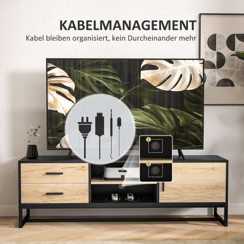 TV Cabinet with Door, 2 Drawers, Open Compartments, Adjustable Shelf, Black