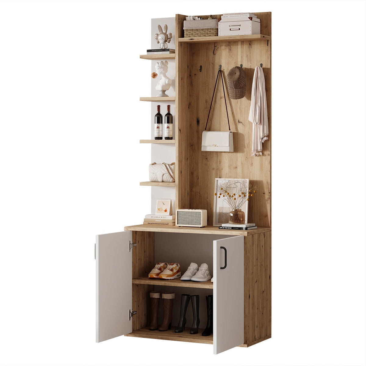 Coat Rack, 75x33x180cm Wardrobe, Shoe Storage & Hooks, Wood & White