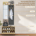 Hallway Set Shoe Bench Mirror 3 Hooks Open Shelf - Natural Wood/Grey