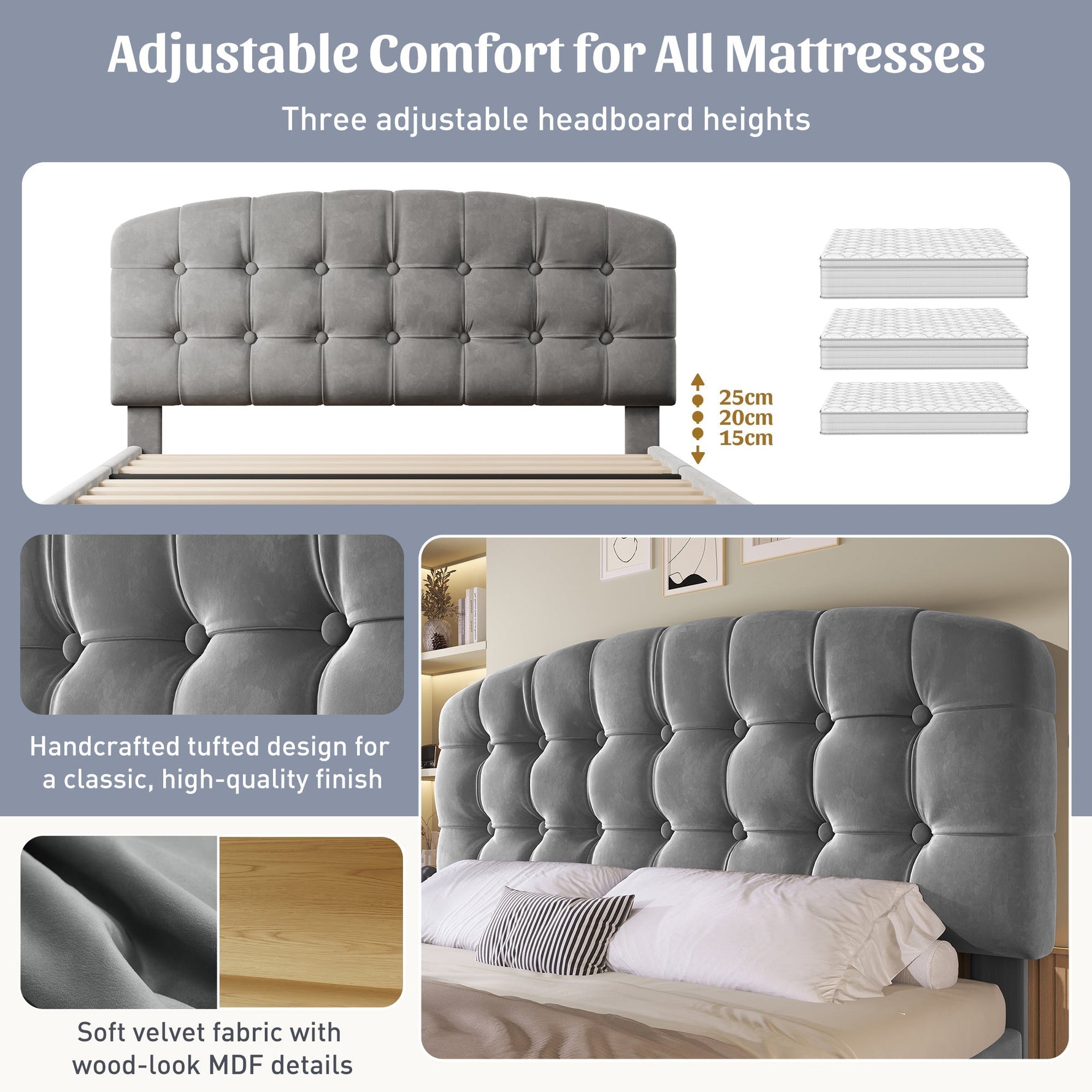 Upholstered Double Bed with Drawers, Storage and Adjustable Headboard, 140x190cm, Grey Velvet