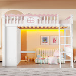 Bunk Bed with LED Lights, Wardrobe & Drawer, White Pine Wood