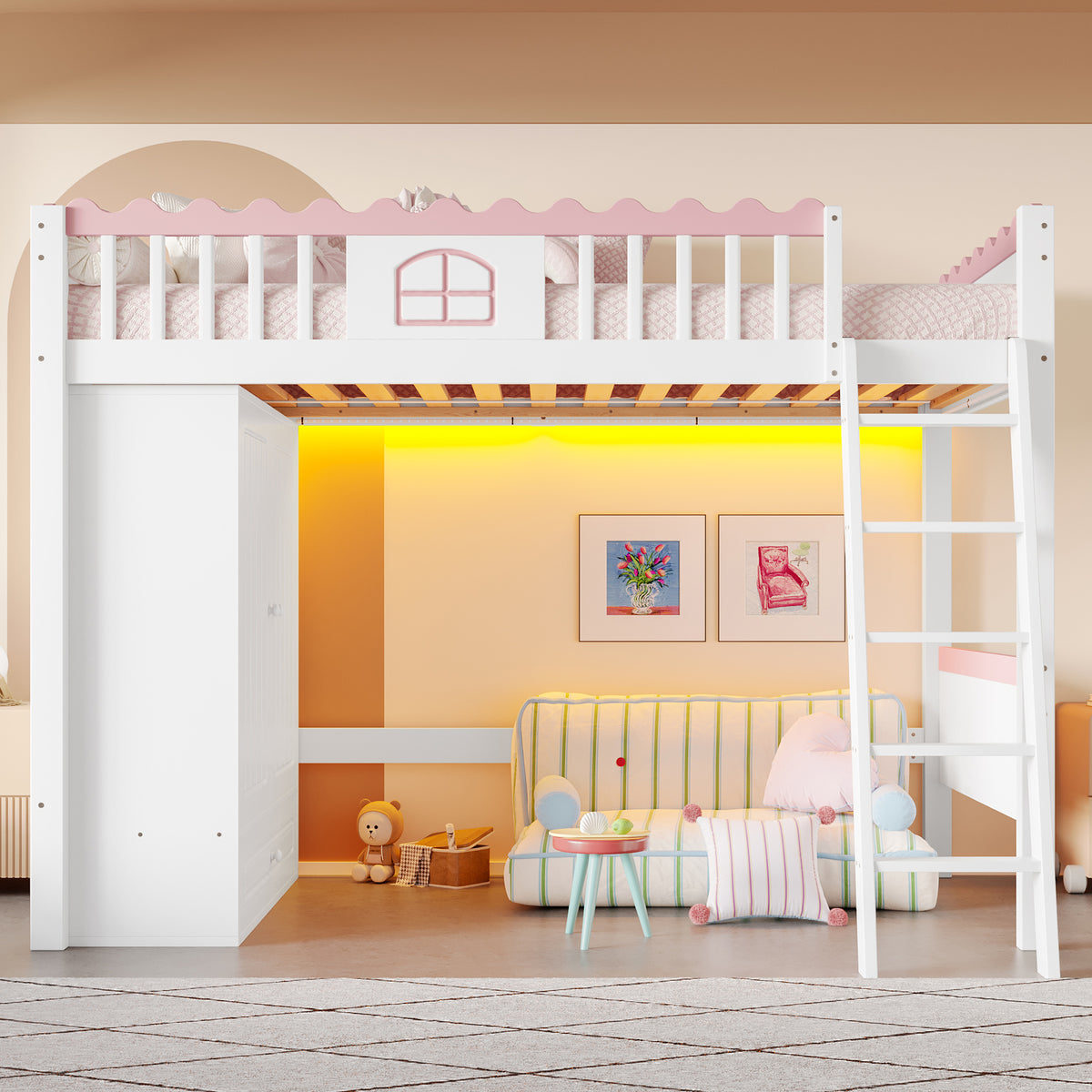 Bunk Bed with LED Lights, Wardrobe & Drawer, White Pine Wood