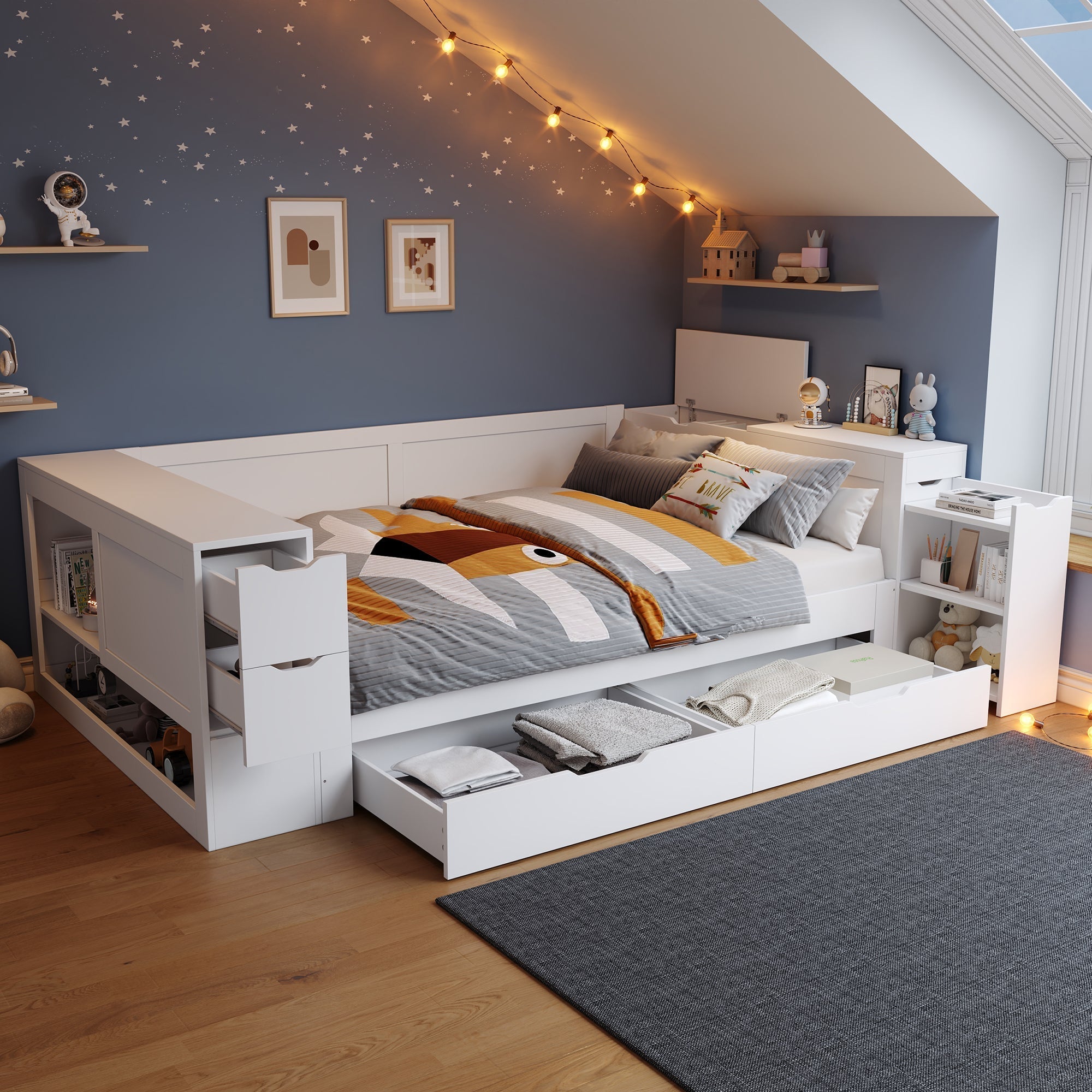Multifunctional Storage Daybed with Drawers, Shelves and Bedside Tables, 140x200cm, White Wood