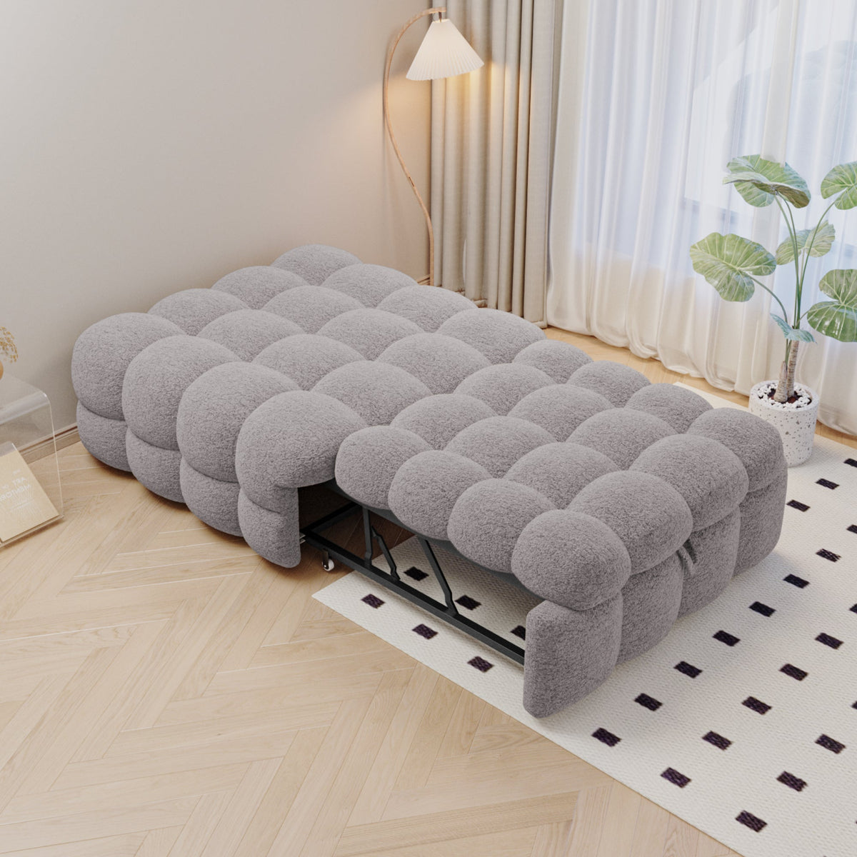 Upholstered Bed 2-in-1 Footstool Pull-Out Single Sofa Teddy Fabric Grey