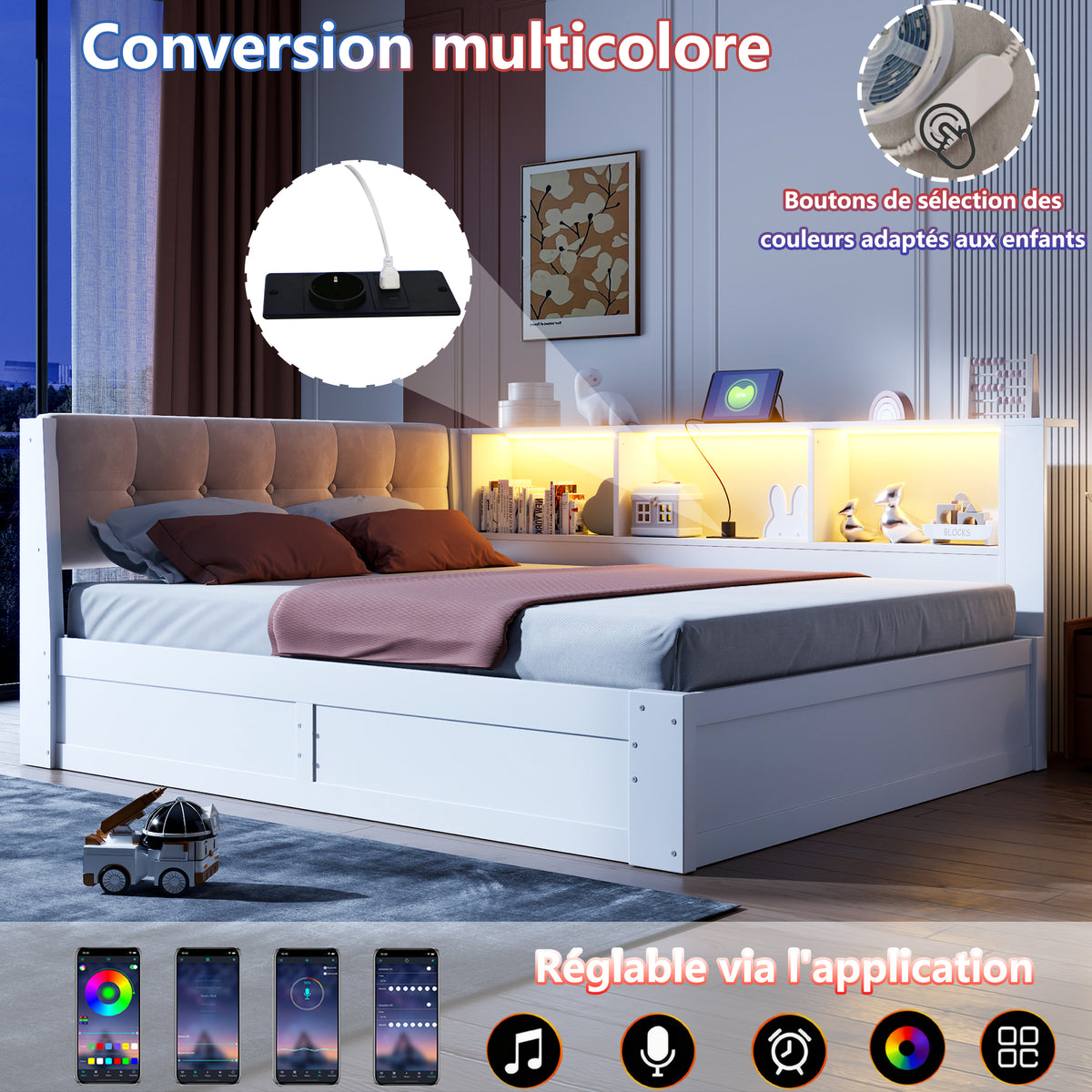 Daybed Frame 140x200cm with LED & Storage, White Pine Wood