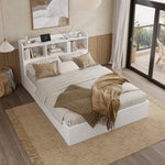 Wooden Double Bed 140x200cm with Integrated Charging, Storage Drawers and Pull-out Bedside Tables, White Wood