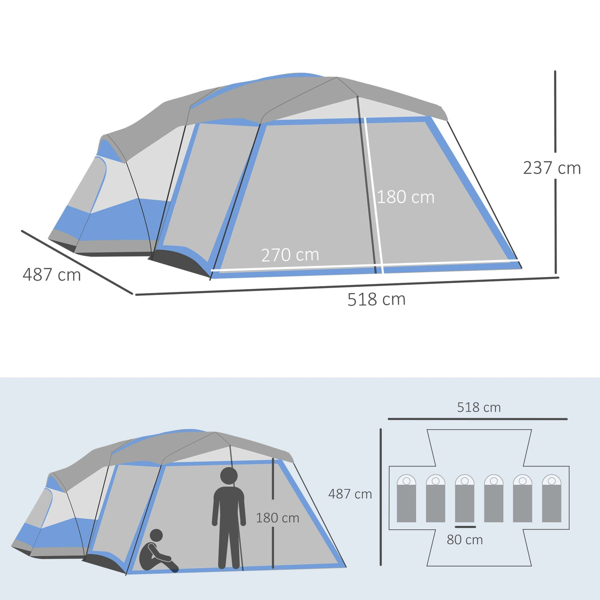 Camping Tent, 6-8 Persons Family Tent with Vestibule and 2 Windows, Blue
