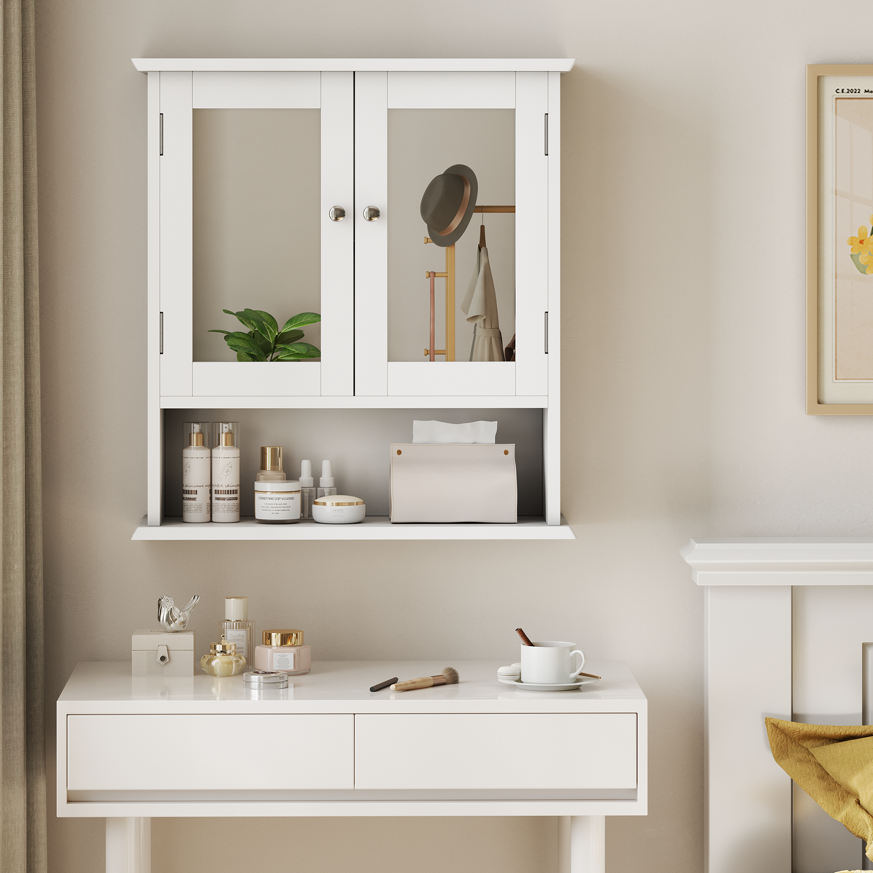 Bathroom Cabinet, Mirror & Adjustable Shelf, White