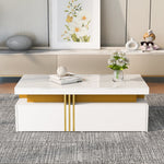 Modern rectangular coffee table with high gloss top and 2 wooden drawers, marble tabletop