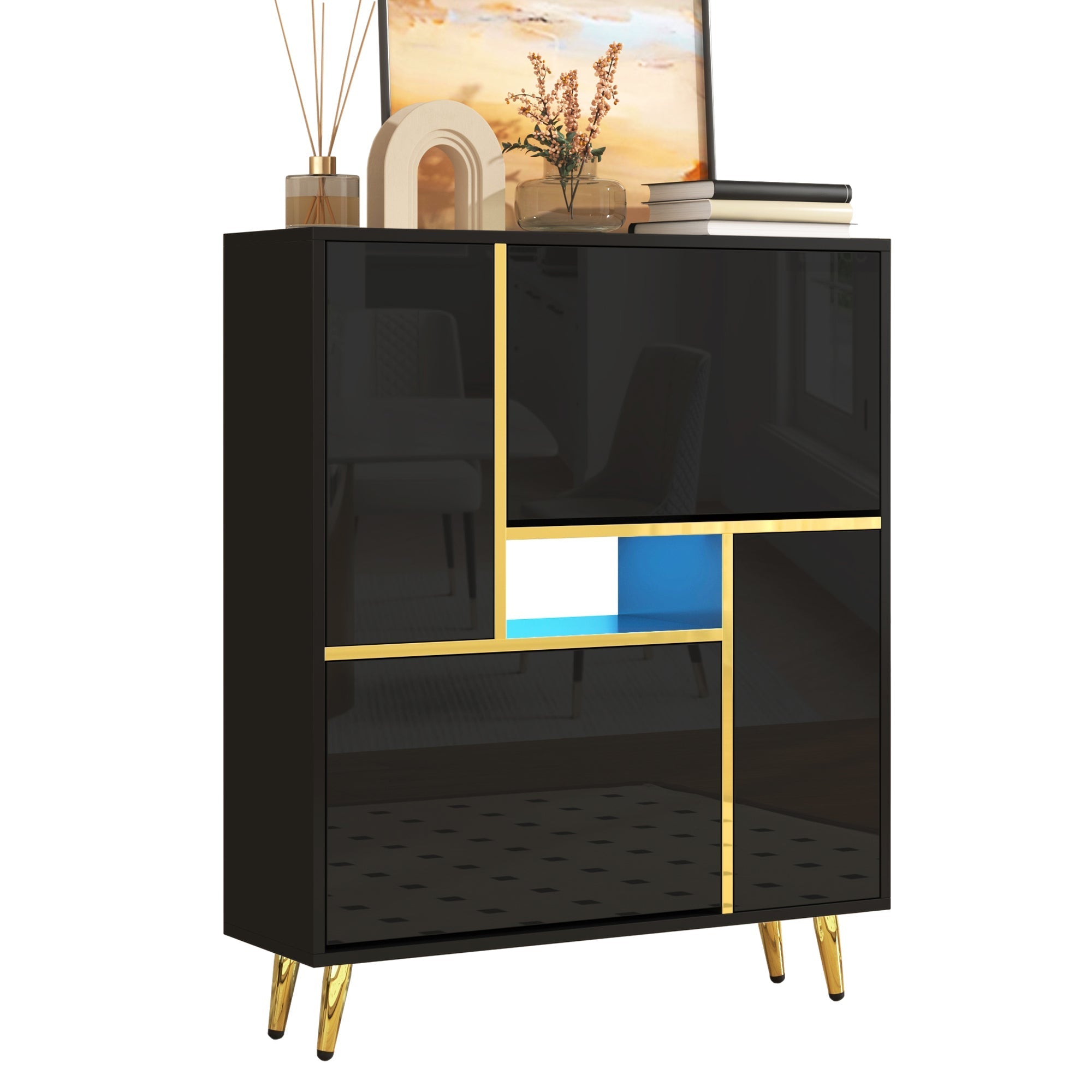 Modern shoe cabinet, high-gloss front, 16-color LED light, black