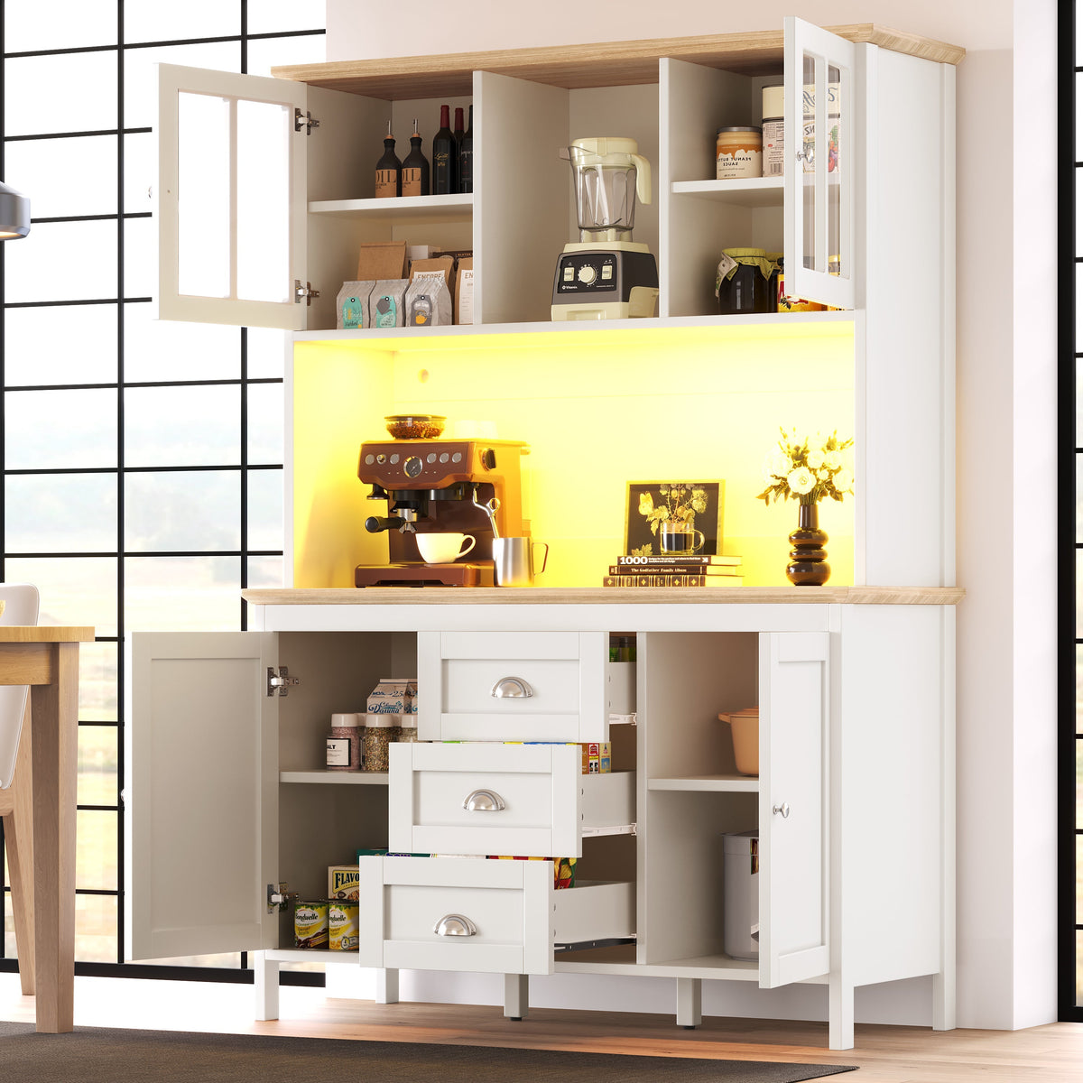 Tall Sideboard Cabinet with LED Lighting and 3 Drawers, White and Black