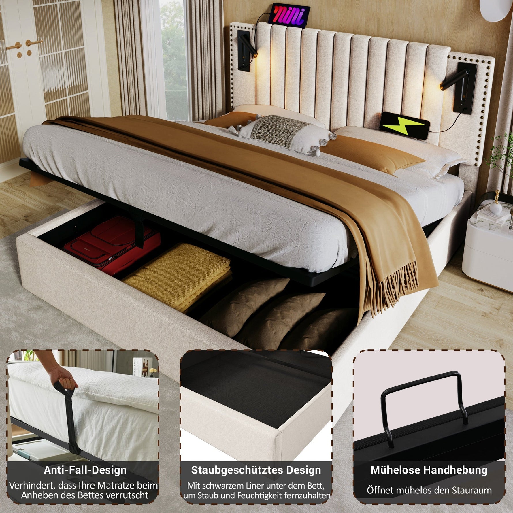 Upholstered Double Bed 180x200 with Storage, Bed Box and USB Reading Light, Beige Cotton