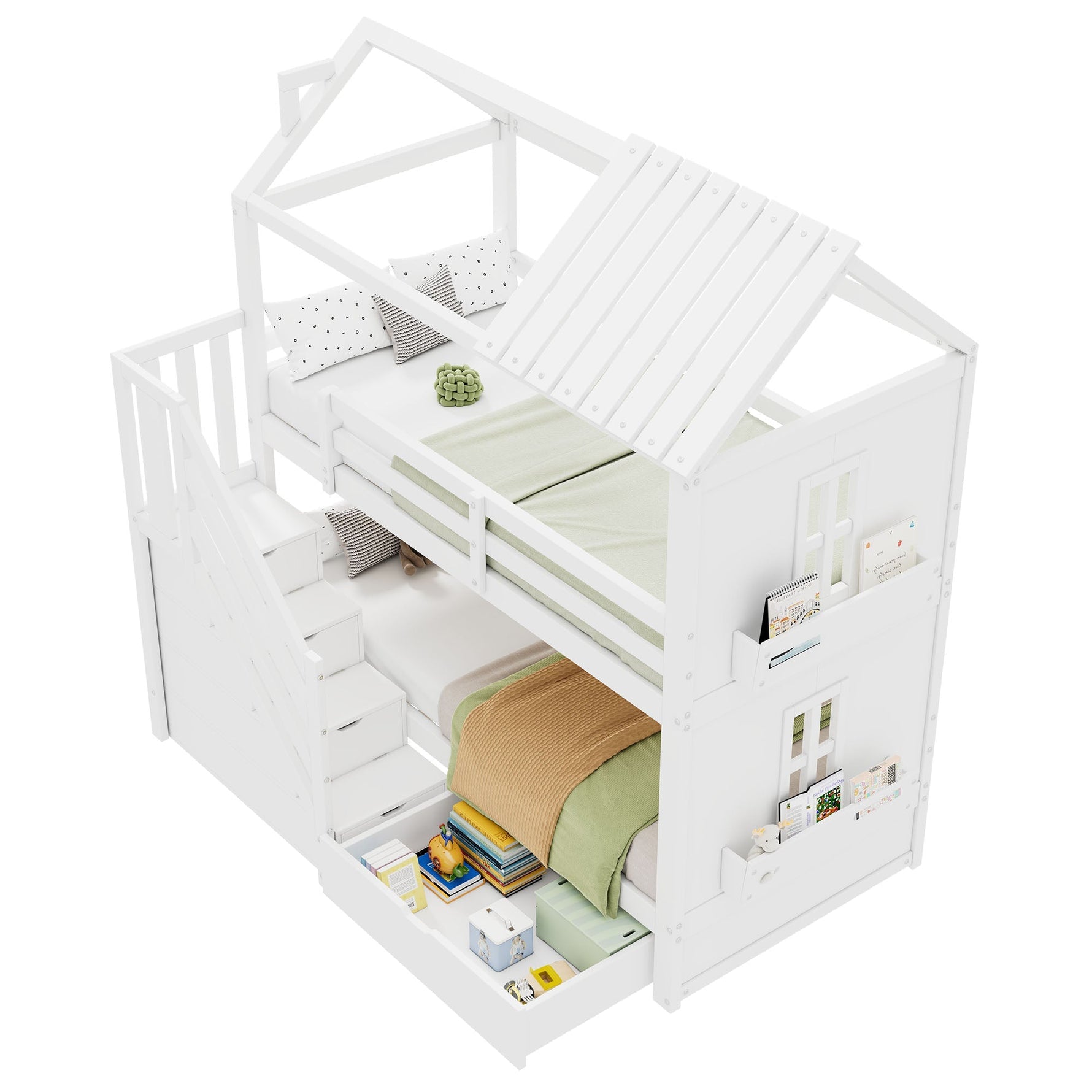 Children's Bunk Bed 90x200cm Multifunctional with Storage Stairs Drawers & Shelves Pine MDF White