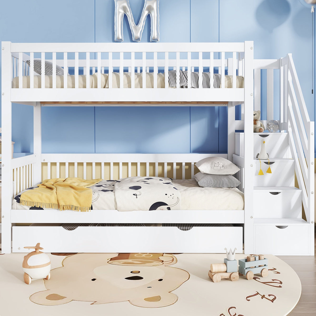 Bunk Bed Trundle Ladder Safety Rails 90x200/190cm, Pine+MDF White