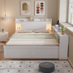 Double Bed Panel Headboard Storage Lights USB Cabinets Drawers Pine+Chipboard+MDF, White, 140x200cm
