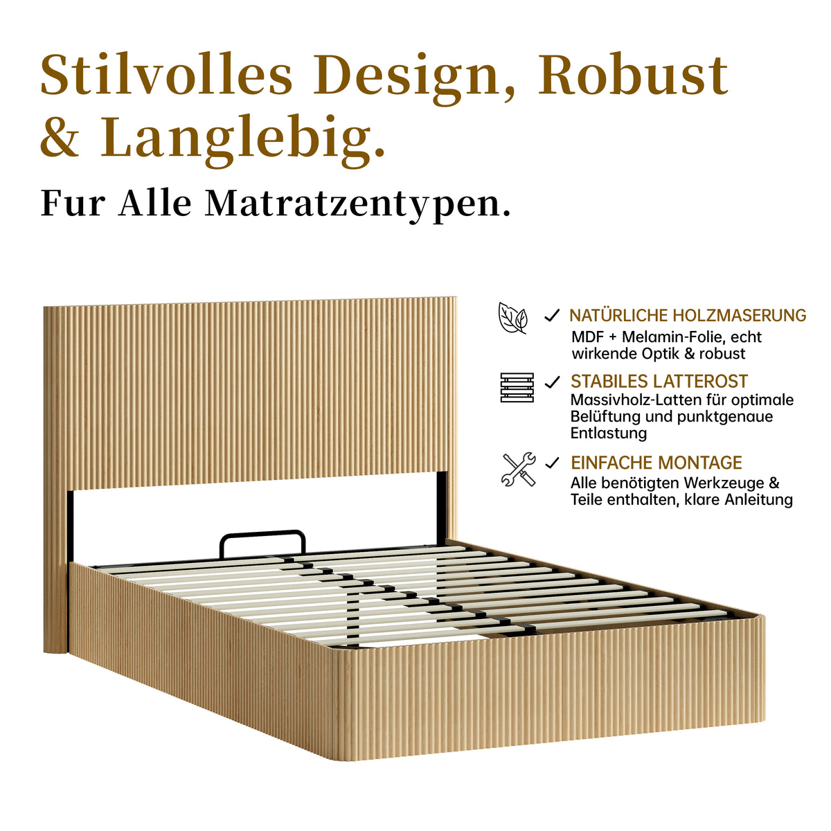 Modern Storage Bed 140x200cm with Hydraulic Lift, Light Oak